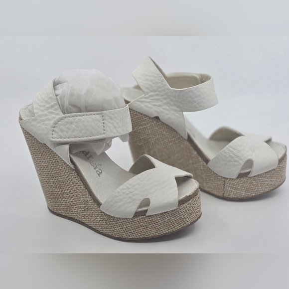 Pedro Garcia White Leather, Suede, Cork Wedge Summer Beach Wedding Sandals - Picture 4 of 11